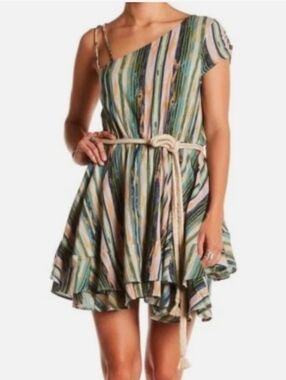 Free People One Shoulder Mini Dress Small Boho Striped Rope Belt Ruffle Hem